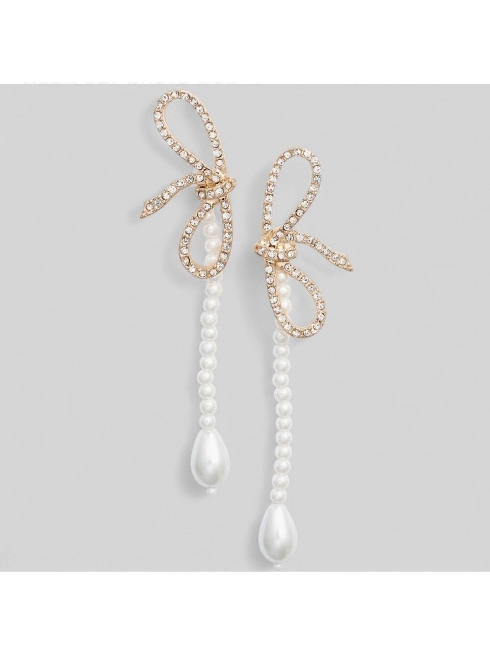 Open Edit-Crystal Bow Faux Pearl Drop Earrings-Gold/White-NWT